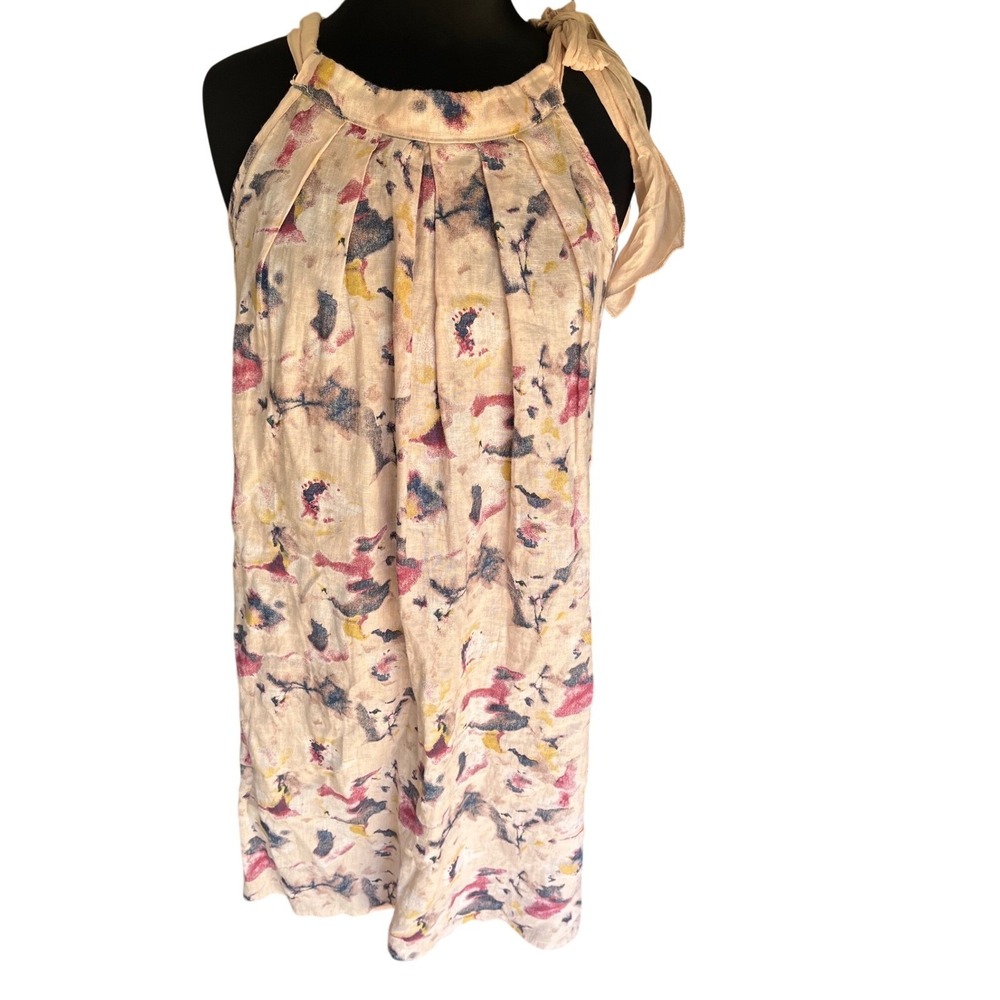 Bellambra Italy Linen Abstract Floral Halter Dress Pink Yellow Blue Medium
